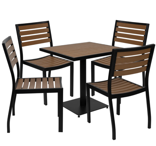 Lark Outdoor Patio Bistro Dining Table Set with 4 Chairs and Faux Teak Poly Slats